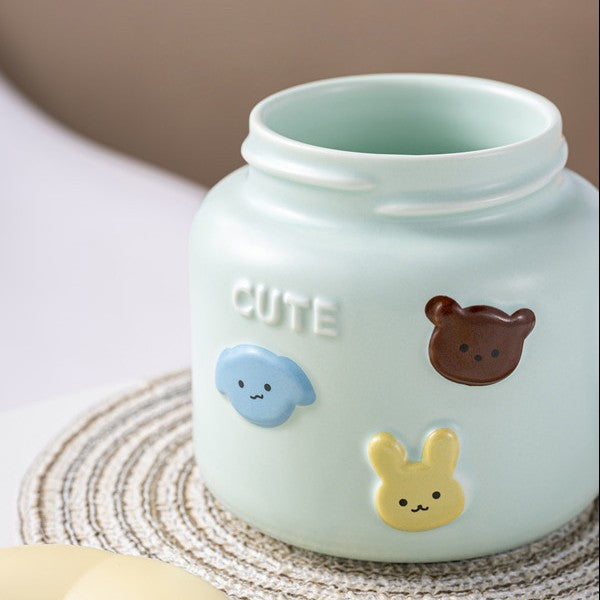 Cana Copii din Portelan cu Capac, Model Cute cu Figurine Animalute, Ceasca pentru Ceai sau Cafea, 400 ml, Albastru Deschis