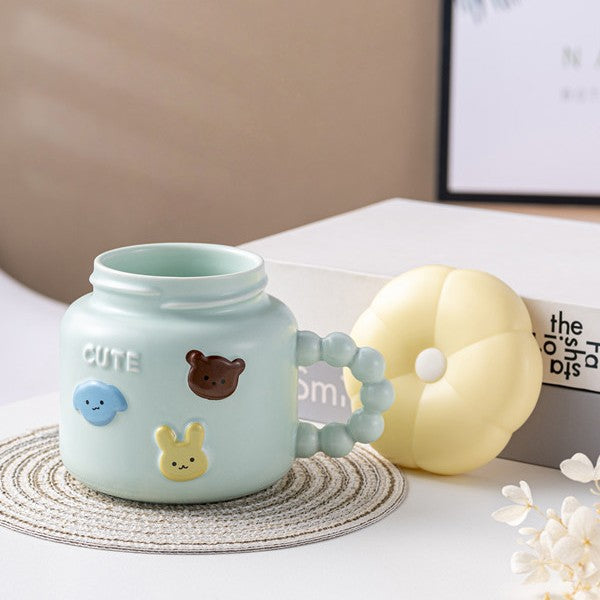 Cana Copii din Portelan cu Capac, Model Cute cu Figurine Animalute, Ceasca pentru Ceai sau Cafea, 400 ml, Albastru Deschis