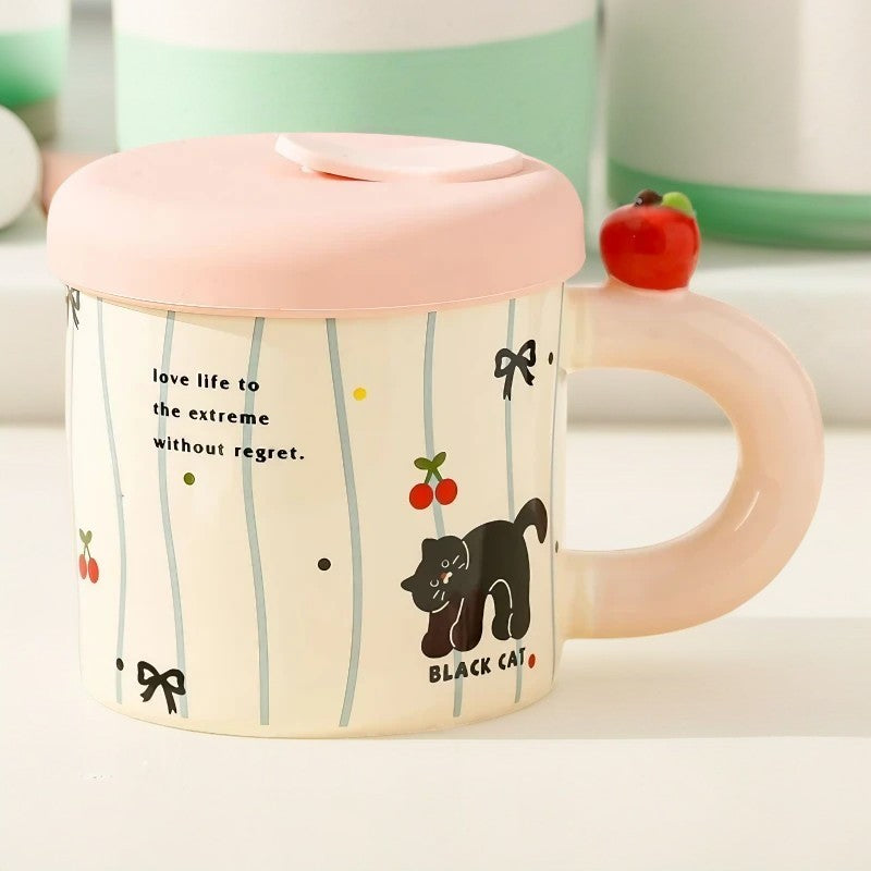 Cana Din Ceramica Cu Capac Si Pai Din Silicon, Model Pisica Cute A, Pentru Cafea Si Ceai, Roz, 380 ml, 9x8.5 cm
