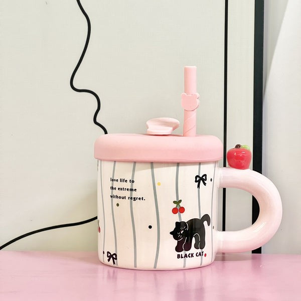Cana Din Ceramica Cu Capac Si Pai Din Silicon, Model Pisica Cute A, Pentru Cafea Si Ceai, Roz, 380 ml, 9x8.5 cm