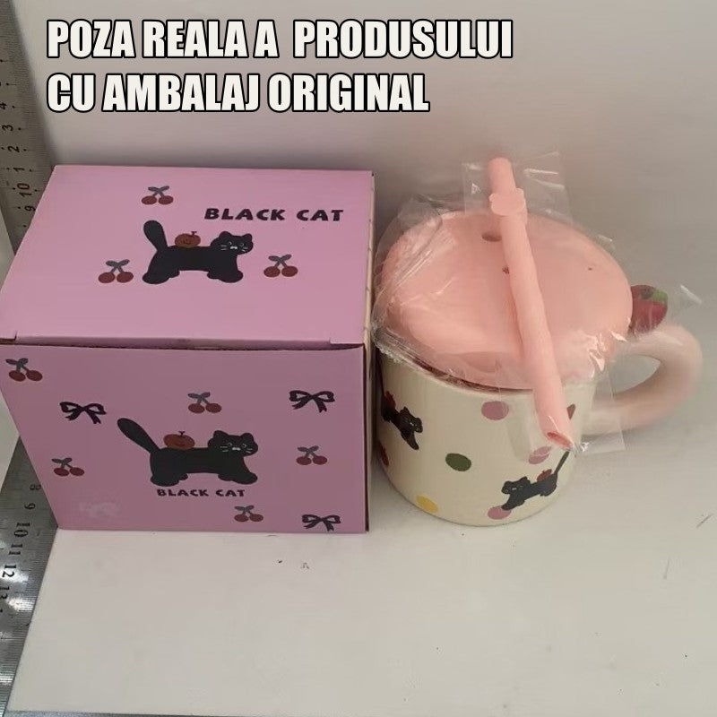 Cana din Ceramica cu Capac si Pai din Silicon, Model Pisicute si Buline Colorate, Accesorii Roz, 380 ml, 9x8.5 cm