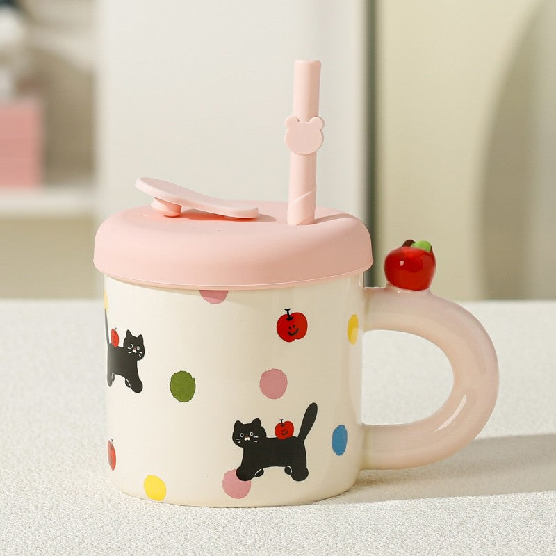 Cana din Ceramica cu Capac si Pai din Silicon, Model Pisicute si Buline Colorate, Accesorii Roz, 380 ml, 9x8.5 cm