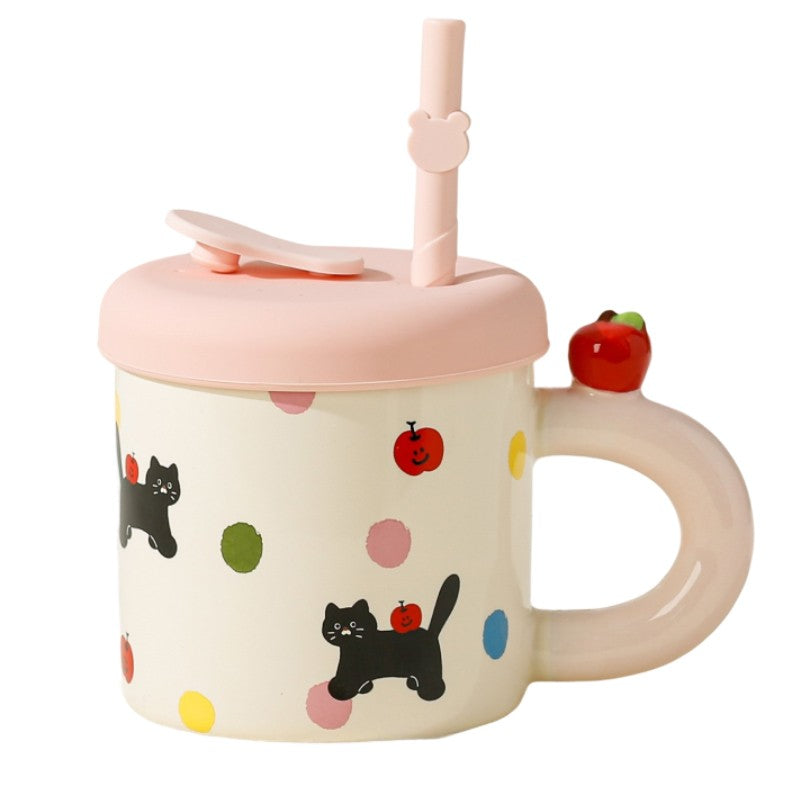 Cana din Ceramica cu Capac si Pai din Silicon, Model Pisicute si Buline Colorate, Accesorii Roz, 380 ml, 9x8.5 cm