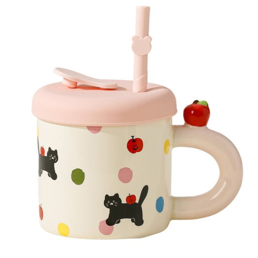 Cana din Ceramica cu Capac si Pai din Silicon, Model Pisicute si Buline Colorate, Accesorii Roz, 380 ml, 9x8.5 cm