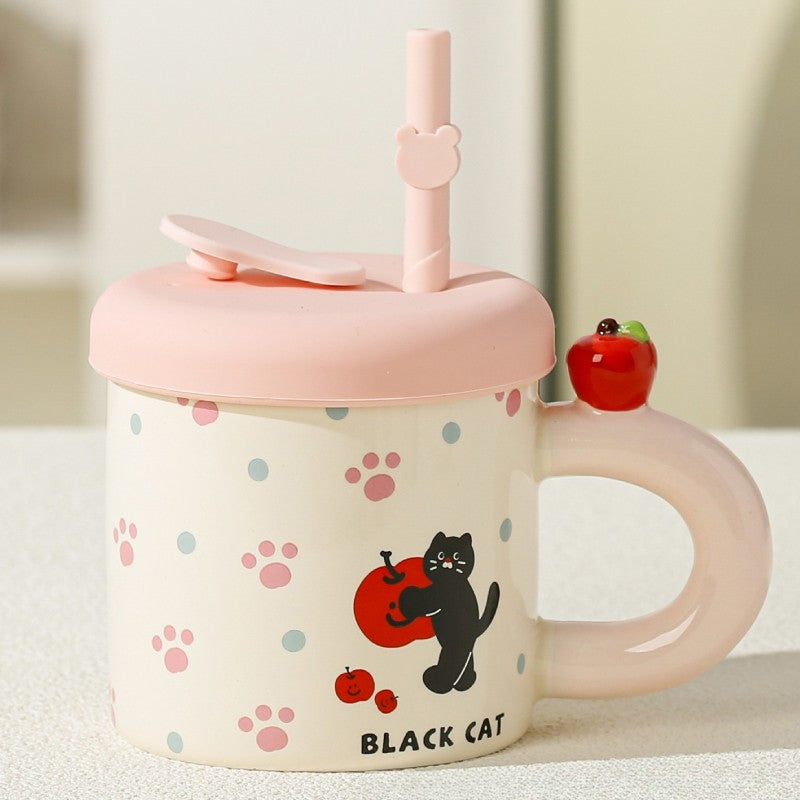 Cana din Ceramica cu Capac si Pai din Silicon, Model Pisica si Labute Kawaii, Maner cu Mar in Relief, 380 ml, Roz/Multicolor