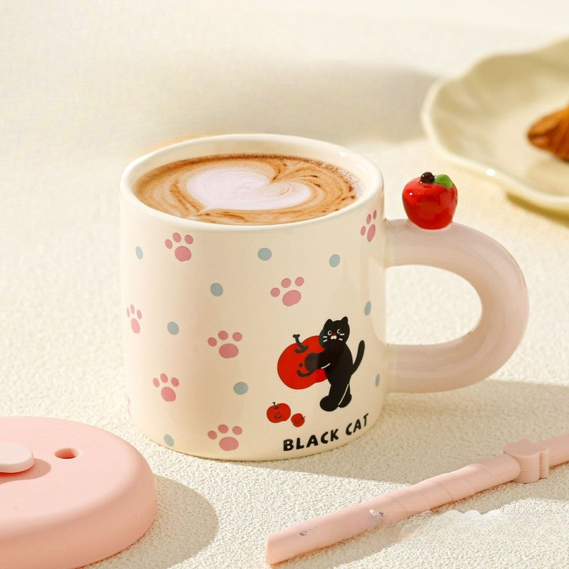 Cana din Ceramica cu Capac si Pai din Silicon, Model Pisica si Labute Kawaii, Maner cu Mar in Relief, 380 ml, Roz/Multicolor