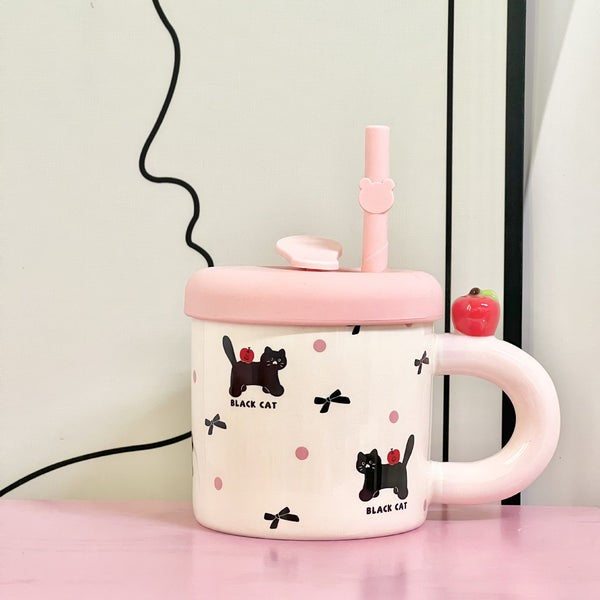 Cana din Ceramica cu Capac si Pai din Silicon, Model Cute C cu Pisici si Fundite, Design Jucaus cu Mar pe Toarta, Roz, 380 ml, 9x8.5 cm