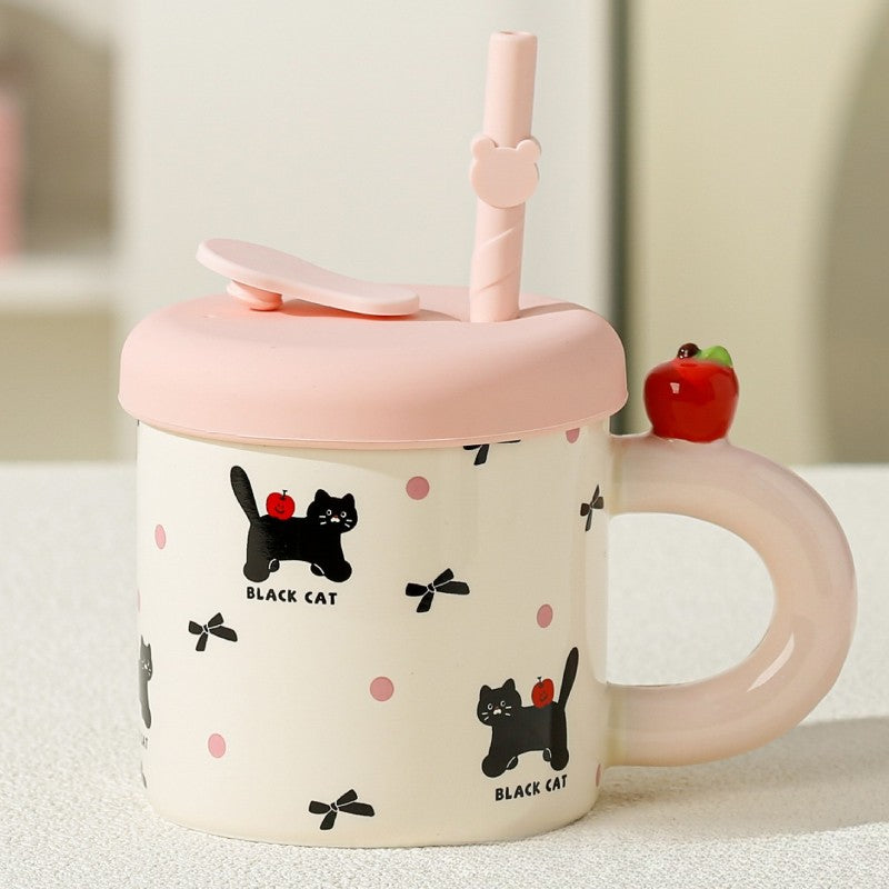 Cana din Ceramica cu Capac si Pai din Silicon, Model Cute C cu Pisici si Fundite, Design Jucaus cu Mar pe Toarta, Roz, 380 ml, 9x8.5 cm