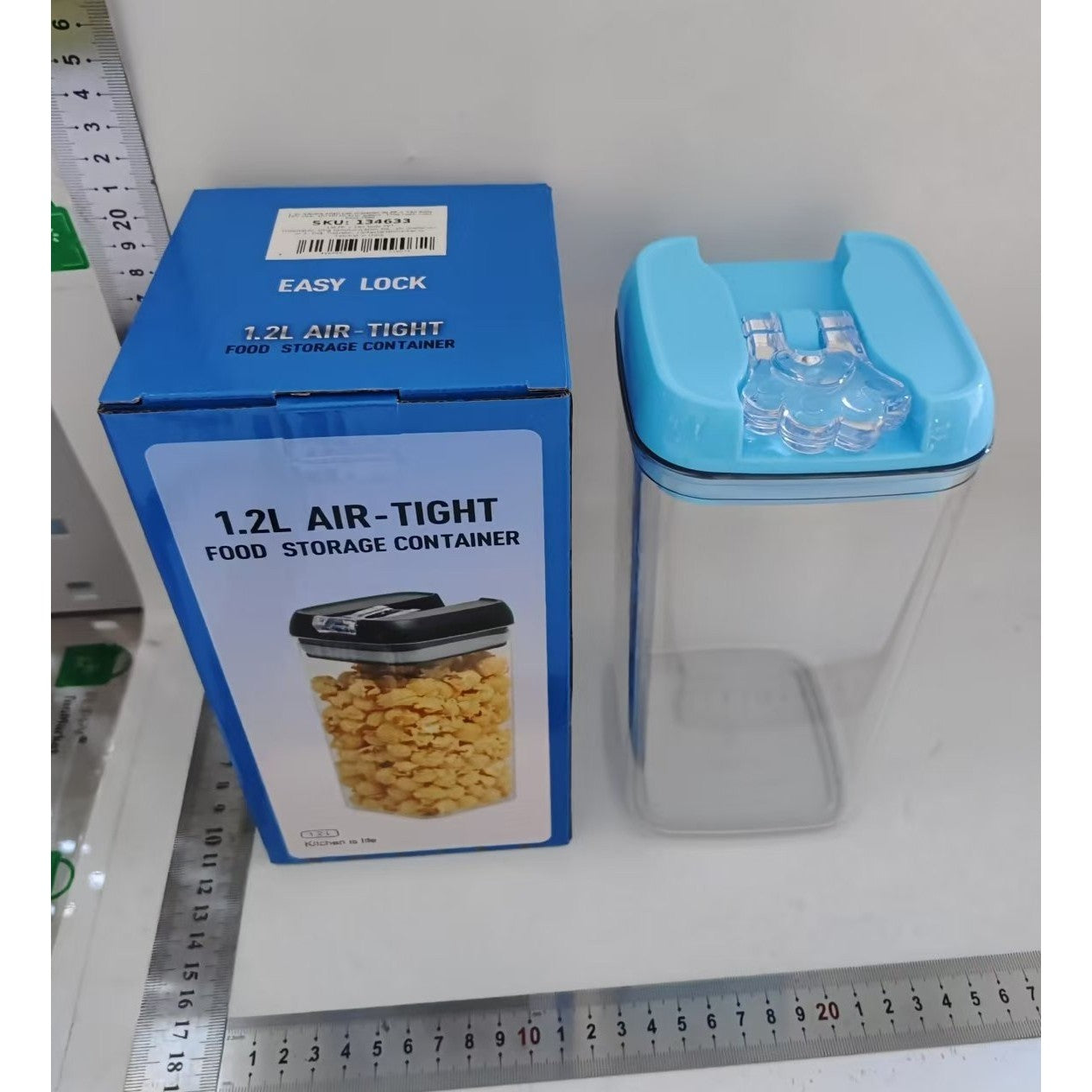 Cutie de Depozitare Alimente, Recipient Ermetic pentru Produse Uscate, Design Stivuibil, Plastic PP si PET, 1.2L, 10 x 10 x 20.5 cm, Transparent cu Capac Albastru