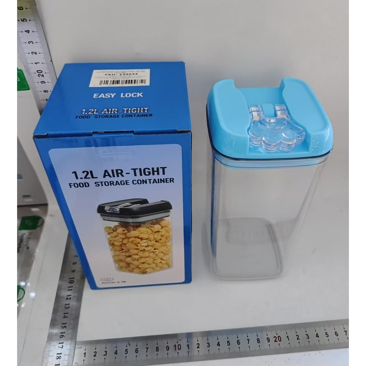 Cutie de Depozitare Alimente, Recipient Ermetic pentru Produse Uscate, Design Stivuibil, Plastic PP si PET, 1.2L, 10 x 10 x 20.5 cm, Transparent cu Capac Albastru