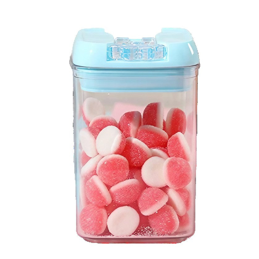 Cutie Depozitare Alimente, Recipient Ermetic Stivuibil cu Buton Blocare, Plastic PP si PET, 800 ml, 10 x 10 x 15.5 cm, Transparent cu Capac Albastru