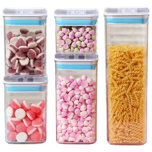 Set 5 Cutii Depozitare Alimente si Cereale, Recipiente Hermetice pentru Organizare Bucatarie, Plastic Transparent cu Capac Albastru si Alb, 5 Piese: 1x0.5L, 2x0.8L, 1x1.2L, 1x1.9L
