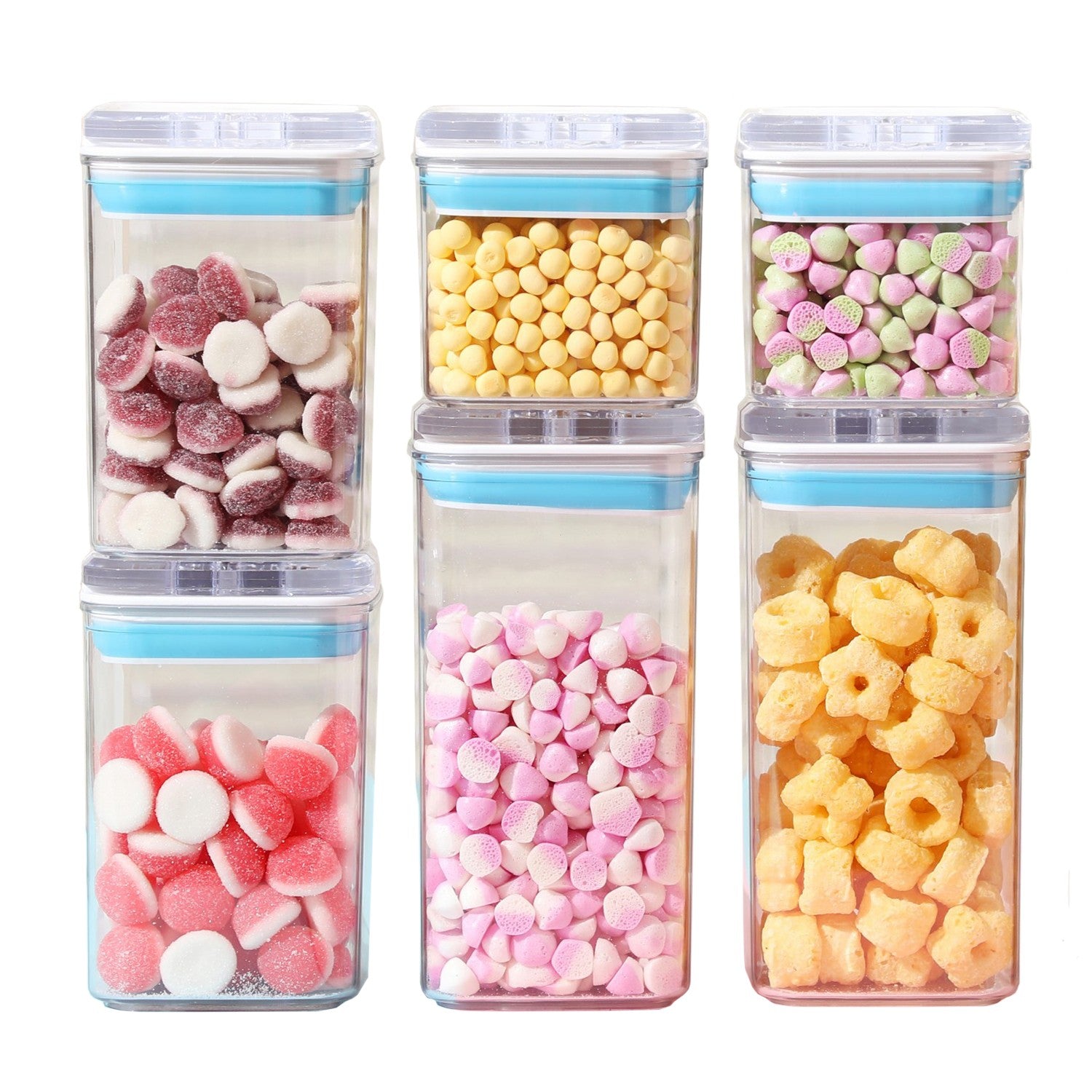 Set 6 Recipiente Depozitare Alimente si Cereale, Containere Organizare Bucatarie cu Capac Etans, Plastic Transparent, 2 x 0.5 L, 2 x 0.8 L, 2 x 1.2 L, Albastru-Alb