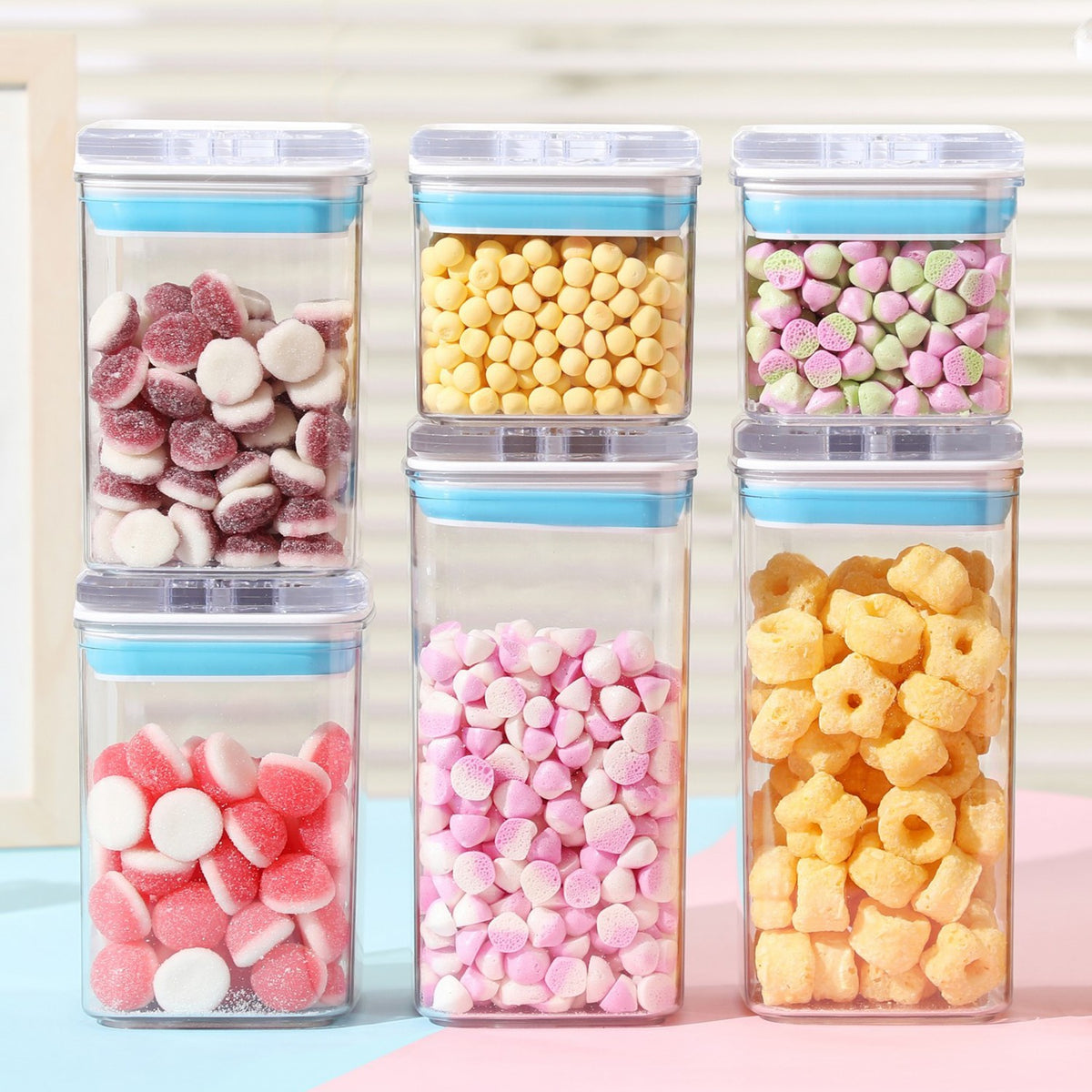 Set 6 Recipiente Depozitare Alimente si Cereale, Containere Organizare Bucatarie cu Capac Etans, Plastic Transparent, 2 x 0.5 L, 2 x 0.8 L, 2 x 1.2 L, Albastru-Alb