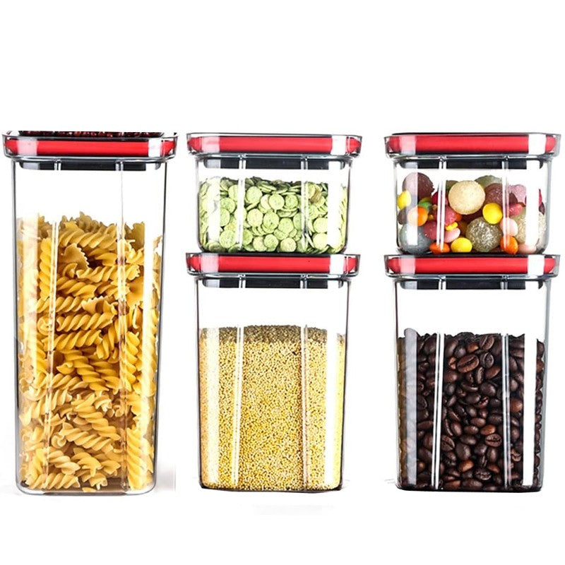 Set 5 Recipiente Depozitare Alimente si Cereale, Containere Etanse cu Capac Flip, Plastic Transparent cu Garnitura Silicon, Stivuibile pentru Camara, Negru, 5 Piese