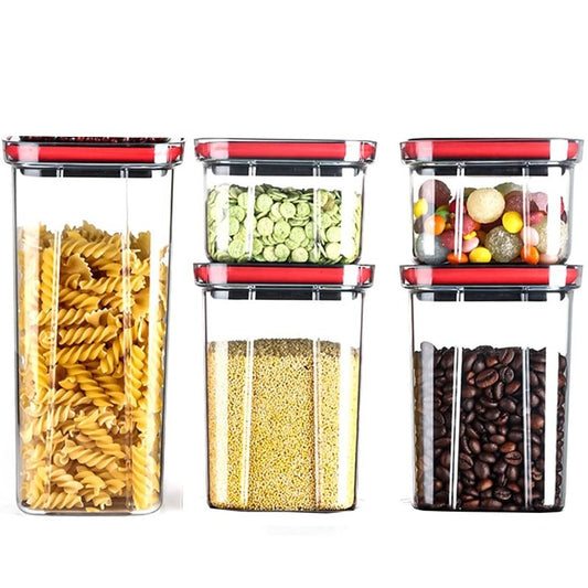 Set 5 Recipiente Depozitare Alimente si Cereale, Containere Etanse cu Capac Flip, Plastic Transparent cu Garnitura Silicon, Stivuibile pentru Camara, Negru, 5 Piese