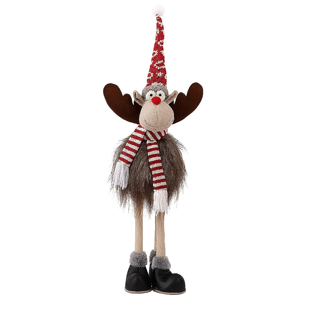 Decoratiune de Craciun Tip Ren, Figurina Textila cu Palarie si Fular, Decoratiune Festiva Interior, Inaltime 70 cm, Gri si Rosu