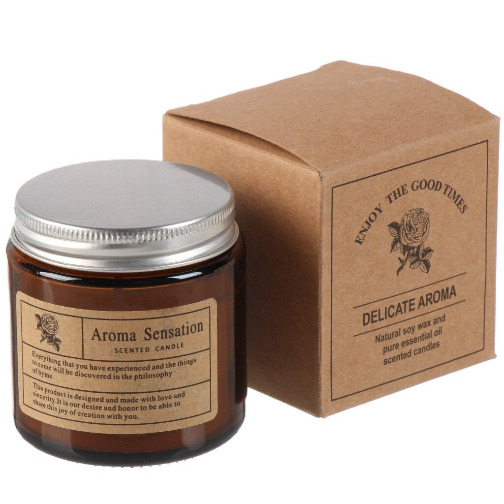 Lumanare Parfumata pentru Aromaterapie, Aroma Ceai Alb si Lychee, Ceara Vegetala cu Uleiuri Esentiale, Borcan din Sticla, 80 ml, 6 x 6.5 cm, Maro