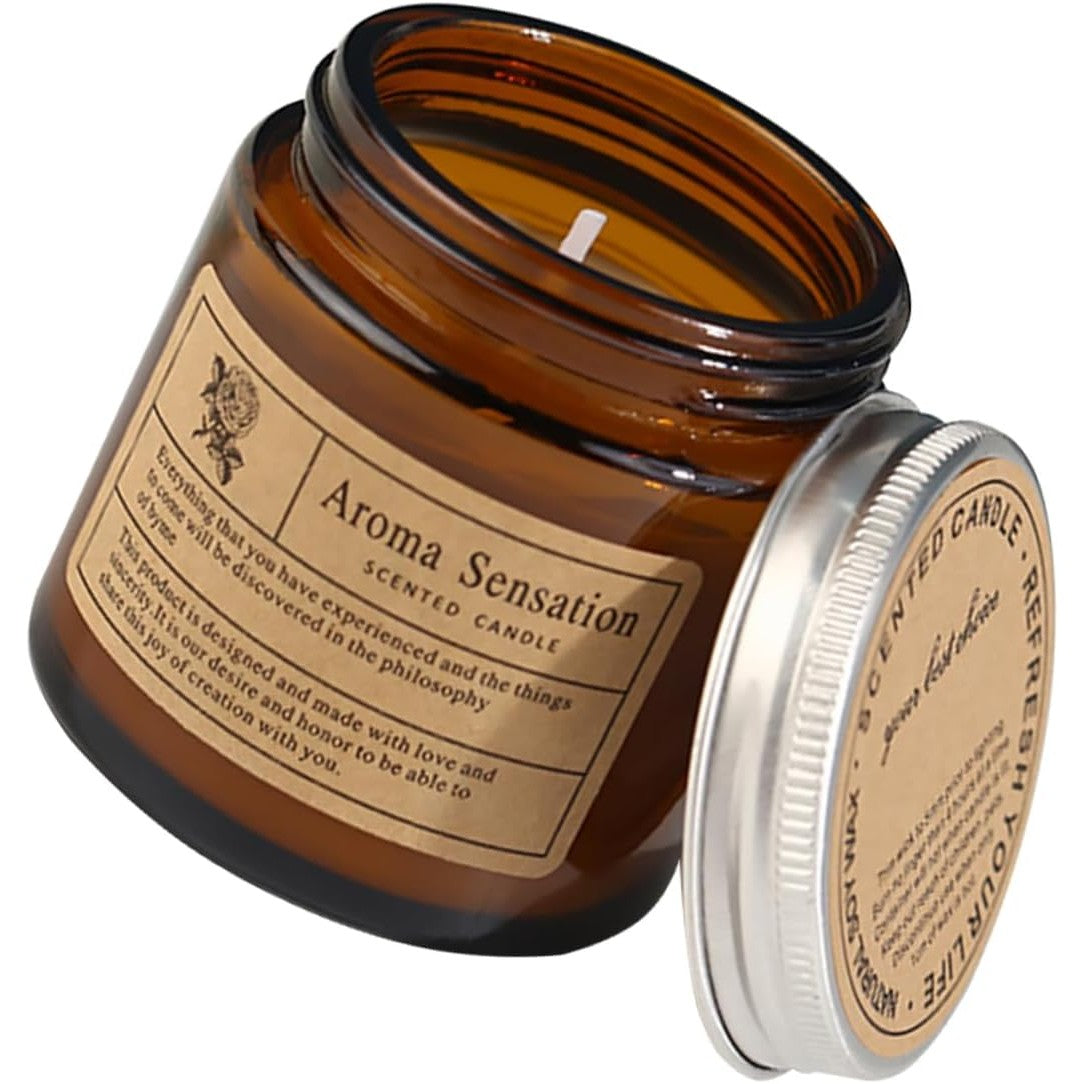 Lumanare Parfumata pentru Aromaterapie, Aroma Ceai Alb si Lychee, Ceara Vegetala cu Uleiuri Esentiale, Borcan din Sticla, 80 ml, 6 x 6.5 cm, Maro