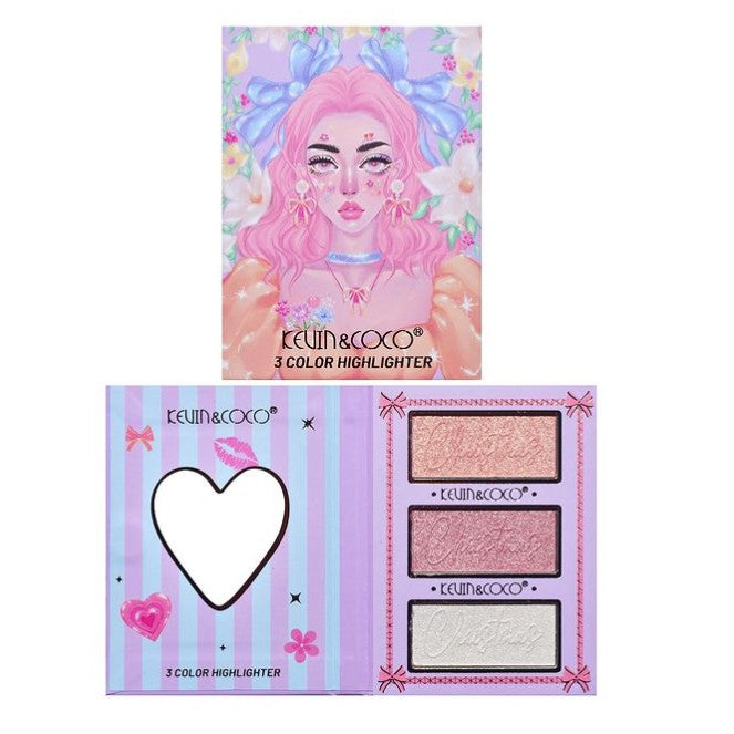 Kevin & Coco Paleta de Machiaj cu 3 Iluminatoare, Textura Catifelata cu Glitter Sidefat, Editie Pink Barbie Girl, 11.3 x 8.2 x 1.3 cm