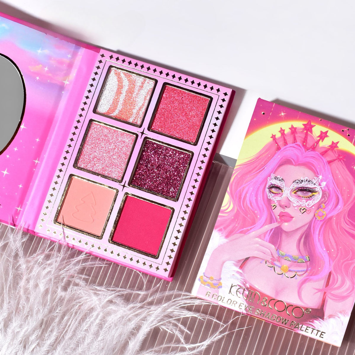 Paleta de Machiaj Kevin & Coco Pink Barbie Girl, Fard de Pleoape Intens Pigmentat, Finisaj Mat si Sidefat cu Glitter, Model Quin, 6 Culori, 72.4 g