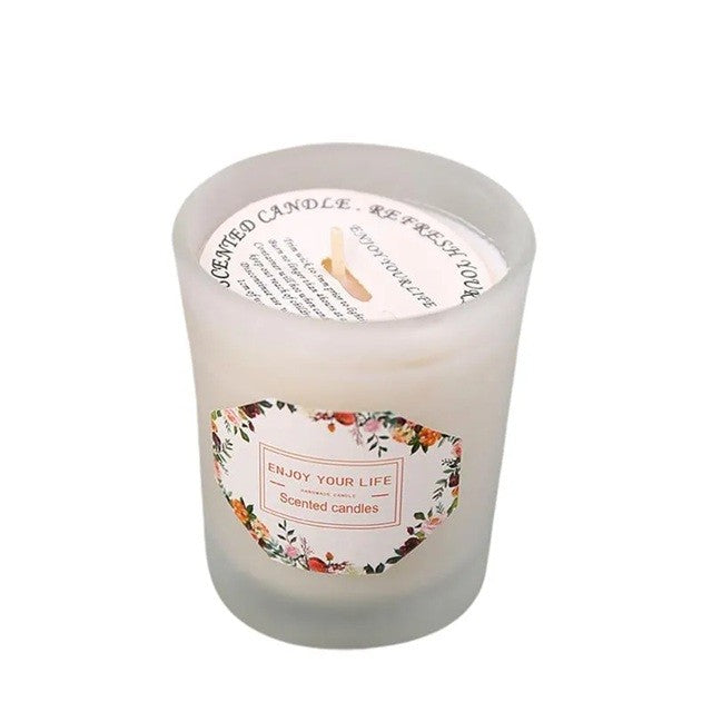 Lumânare Parfumată din Ceară de Soia, Aromaterapie și Relaxare, Model Pahar Cilindric, Timp Ardere 10 Ore, Fitil Bumbac, Aromă Frezie și Pară, 6.2 x 5.2 cm, Alb