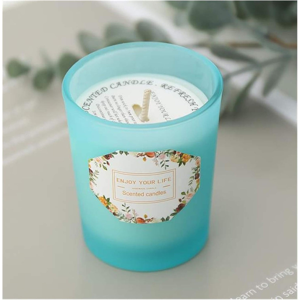 Lumânare Parfumată Pentru Aromaterapie, Aromă Lime și Busuioc, Ceară de Soia 100% Naturală, Model Pahar Cilindric, 6.2 x 5.2 cm, Albastru