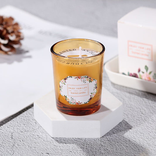 Lumânare Parfumată Pentru Aromaterapie, Formă Cilindrică, Ceară de Soia 100% Naturală, Fitil Bumbac, Aroma Rodie și Crin, Pahar Maro, 6.2 x 5.2 cm, 300 g