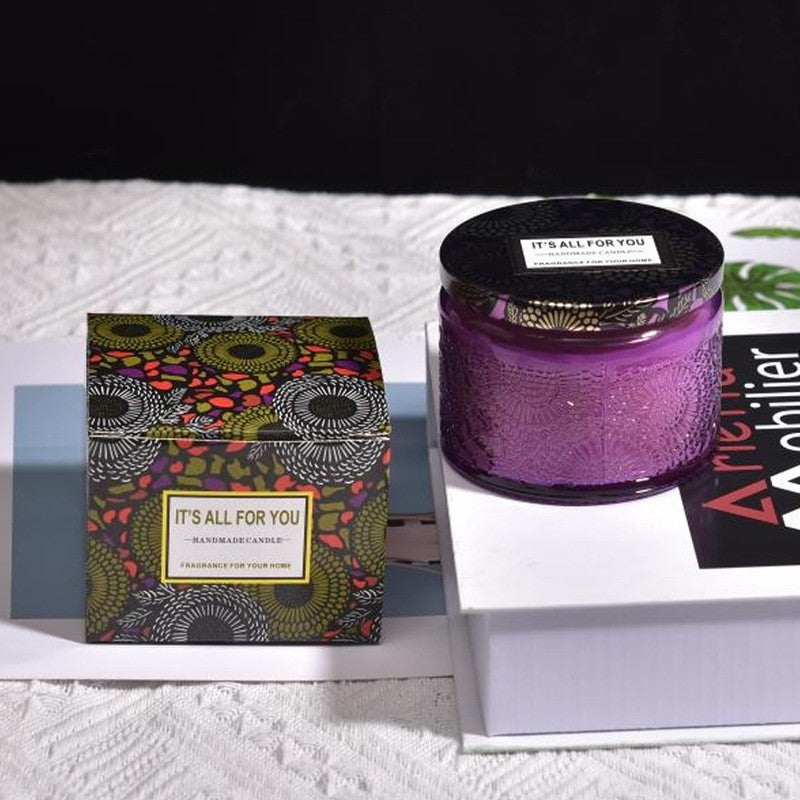 Lumânare Parfumată în Borcan de Sticlă, Aromă Ceai Alb, Ceară Premium, Mov, 1 Bucată