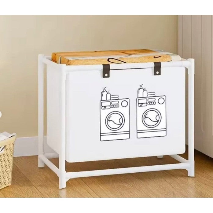 Cos de Rufe cu 1 Etaj si Raft Depozitare, Organizator Haine Murdare, Cadru Otel Inoxidabil si Material Netesut, 97 x 44 x 57 cm, Alb