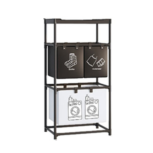 Cos de Rufe cu 3 Rafturi si 3 Cosuri de Depozitare, Organizator Haine Murdare, Cadru Otel Inoxidabil si Material Netesut, 123x28x57 cm, Negru