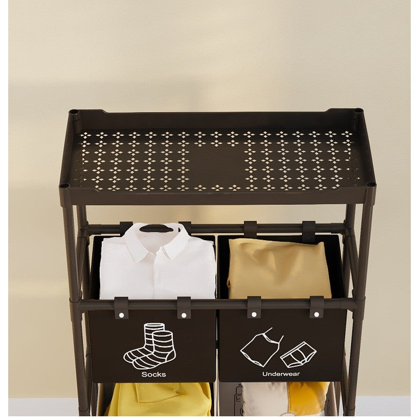 Cos de Rufe cu 3 Rafturi si 3 Cosuri de Depozitare, Organizator Haine Murdare, Cadru Otel Inoxidabil si Material Netesut, 123x28x57 cm, Negru
