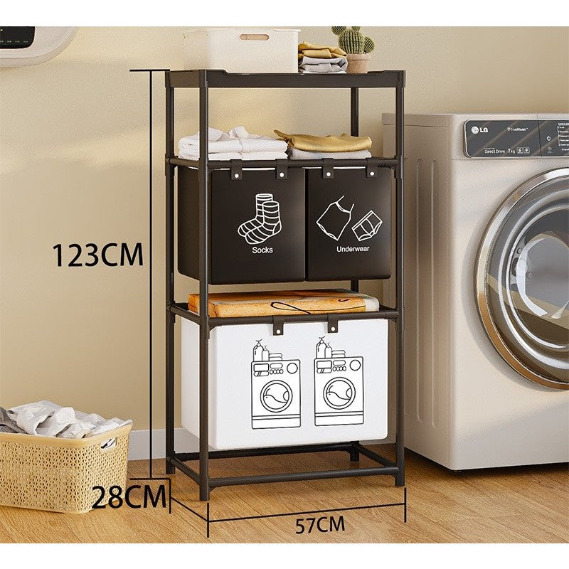 Cos de Rufe cu 3 Rafturi si 3 Cosuri de Depozitare, Organizator Haine Murdare, Cadru Otel Inoxidabil si Material Netesut, 123x28x57 cm, Negru