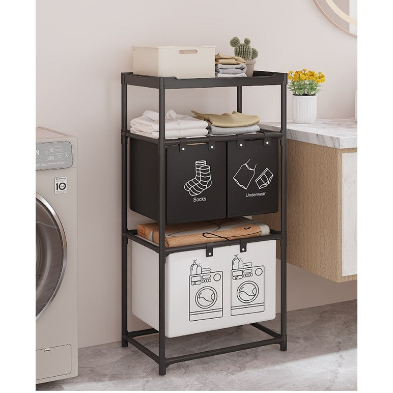 Cos de Rufe cu 3 Rafturi si 3 Cosuri de Depozitare, Organizator Haine Murdare, Cadru Otel Inoxidabil si Material Netesut, 123x28x57 cm, Negru