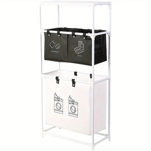 Cos de Rufe cu 3 Rafturi si 3 Cosuri Depozitare, Organizator Haine Murdare, Cadru Otel Inoxidabil si Material Netesut, 123x28x57 cm, Alb