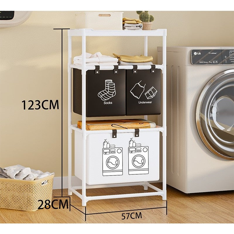 Cos de Rufe cu 3 Rafturi si 3 Cosuri Depozitare, Organizator Haine Murdare, Cadru Otel Inoxidabil si Material Netesut, 123x28x57 cm, Alb