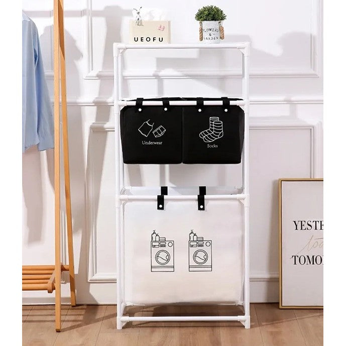 Cos de Rufe cu 3 Rafturi si 3 Cosuri Depozitare, Organizator Haine Murdare, Cadru Otel Inoxidabil si Material Netesut, 123x28x57 cm, Alb