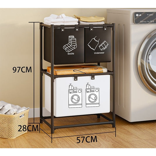 Cos de Rufe cu 2 Rafturi si 3 Sertare, Organizator Rufe cu Cadru din Otel Inoxidabil, Rezistent la Coroziune, Negru, 97x28x57 cm