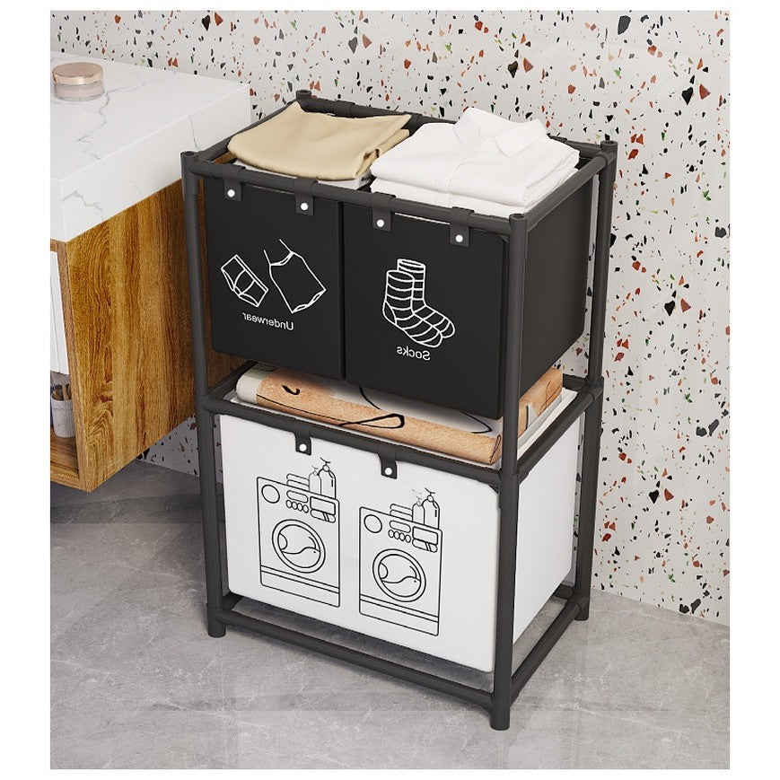 Cos de Rufe cu 2 Rafturi si 3 Sertare, Organizator Rufe cu Cadru din Otel Inoxidabil, Rezistent la Coroziune, Negru, 97x28x57 cm