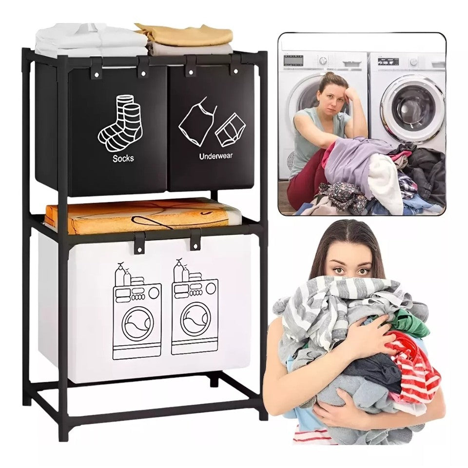 Cos de Rufe cu 2 Rafturi si 3 Sertare, Organizator Rufe cu Cadru din Otel Inoxidabil, Rezistent la Coroziune, Negru, 97x28x57 cm