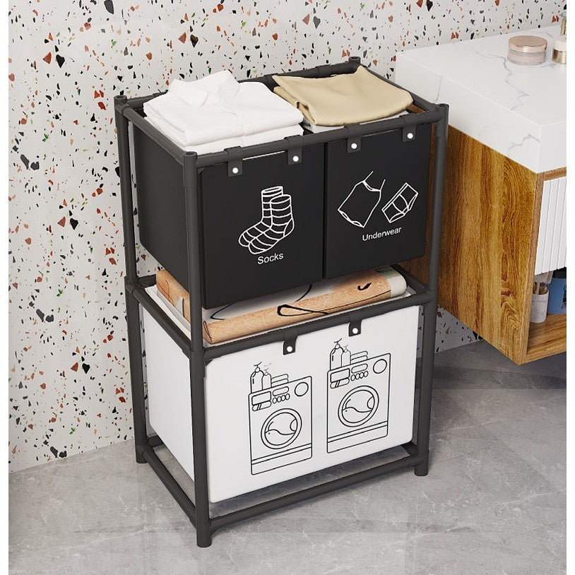 Cos de Rufe cu 2 Rafturi si 3 Sertare, Organizator Rufe cu Cadru din Otel Inoxidabil, Rezistent la Coroziune, Negru, 97x28x57 cm