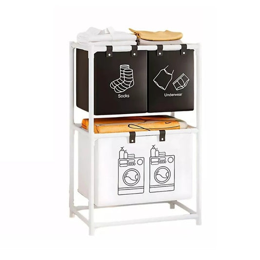 Cos de Rufe cu 2 Rafturi si 3 Cosuri Depozitare, Organizator Haine Murdare, Cadru Otel Inoxidabil si Material Netesut, 97x28x57 cm, Alb