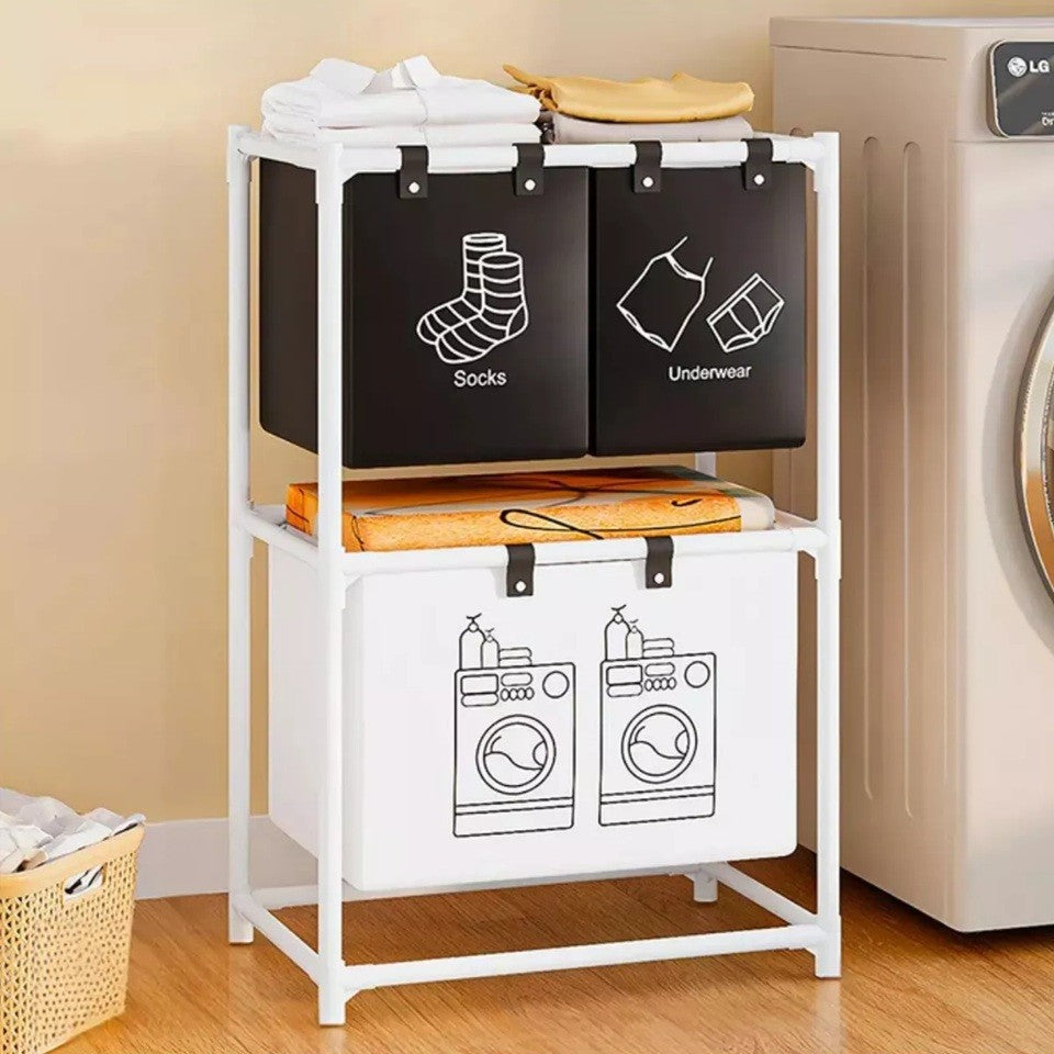 Cos de Rufe cu 2 Rafturi si 3 Cosuri Depozitare, Organizator Haine Murdare, Cadru Otel Inoxidabil si Material Netesut, 97x28x57 cm, Alb
