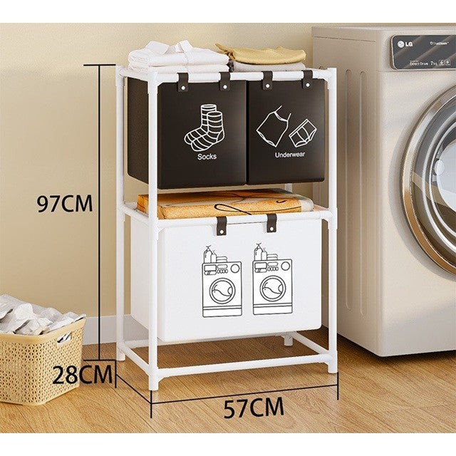Cos de Rufe cu 2 Rafturi si 3 Cosuri Depozitare, Organizator Haine Murdare, Cadru Otel Inoxidabil si Material Netesut, 97x28x57 cm, Alb