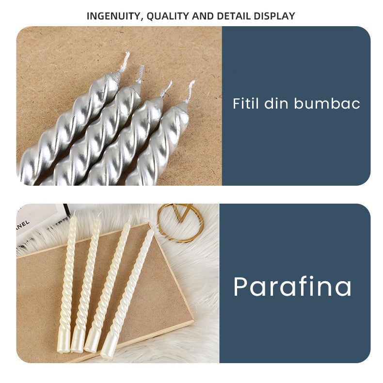 Set 4 Lumanari Decorative Pentru Masa, Model Rasucit Spiralat, Ideale Pentru Cina Si Decor Interior, Lungime 25 cm, Alb