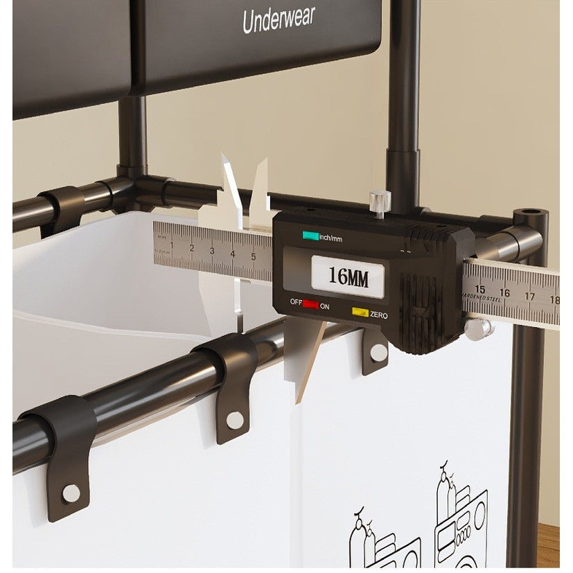 Cos de Rufe si Organizator Haine, 3 Rafturi cu 4 Cosuri Depozitare, Cadru Otel Inoxidabil si Plastic PP, 123x44x57 cm, Negru