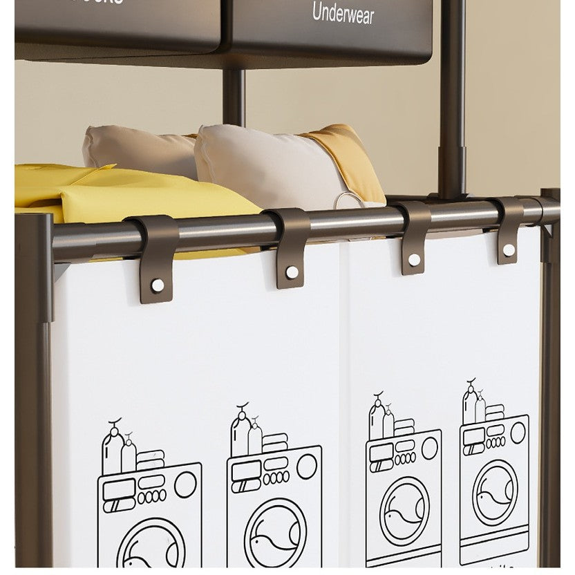 Cos de Rufe si Organizator Haine, 3 Rafturi cu 4 Cosuri Depozitare, Cadru Otel Inoxidabil si Plastic PP, 123x44x57 cm, Negru