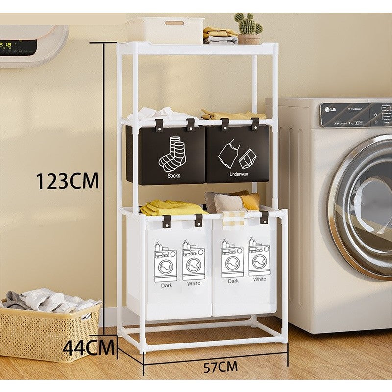 Cos de Rufe, Organizator pentru Baie cu 3 Rafturi si 4 Cosuri Detasabile, Cadru din Otel Inoxidabil si Plastic, 123x28x57 cm, Alb