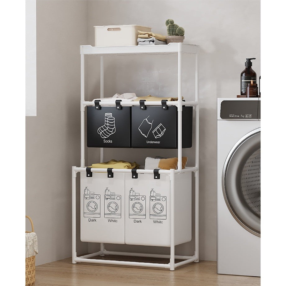 Cos de Rufe, Organizator pentru Baie cu 3 Rafturi si 4 Cosuri Detasabile, Cadru din Otel Inoxidabil si Plastic, 123x28x57 cm, Alb