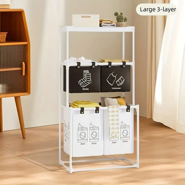 Cos de Rufe, Organizator pentru Baie cu 3 Rafturi si 4 Cosuri Detasabile, Cadru din Otel Inoxidabil si Plastic, 123x28x57 cm, Alb